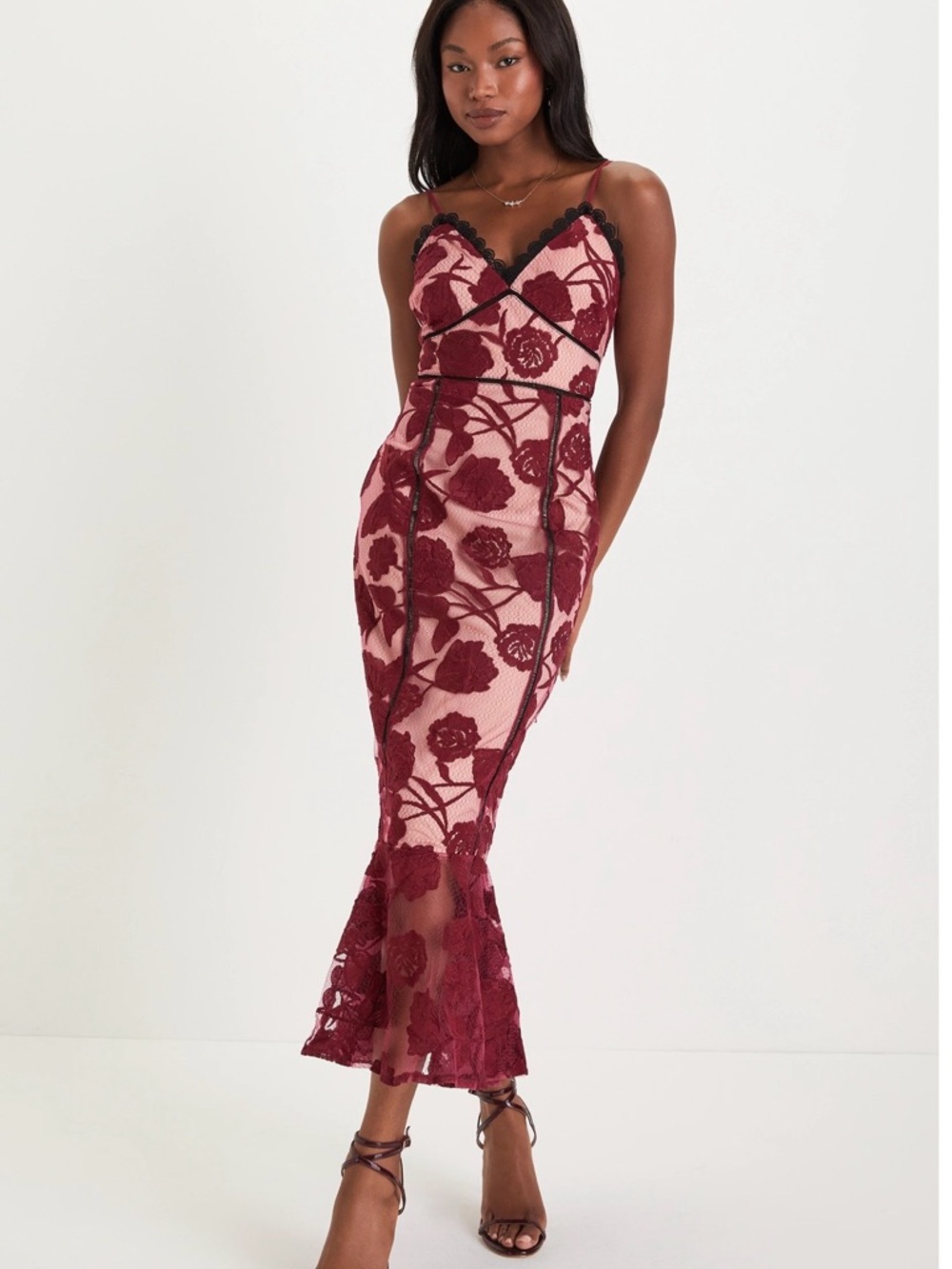 💃🏼 NWT Lulu's Alluring Dream Burgundy Floral Mesh Lace Trumpet Midi Dress L